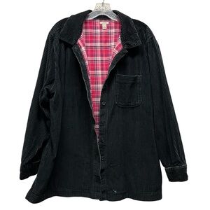 LL Bean Corduroy Shirt Jacket Button Front Plaid Flannel Lined Shacket 1X Black